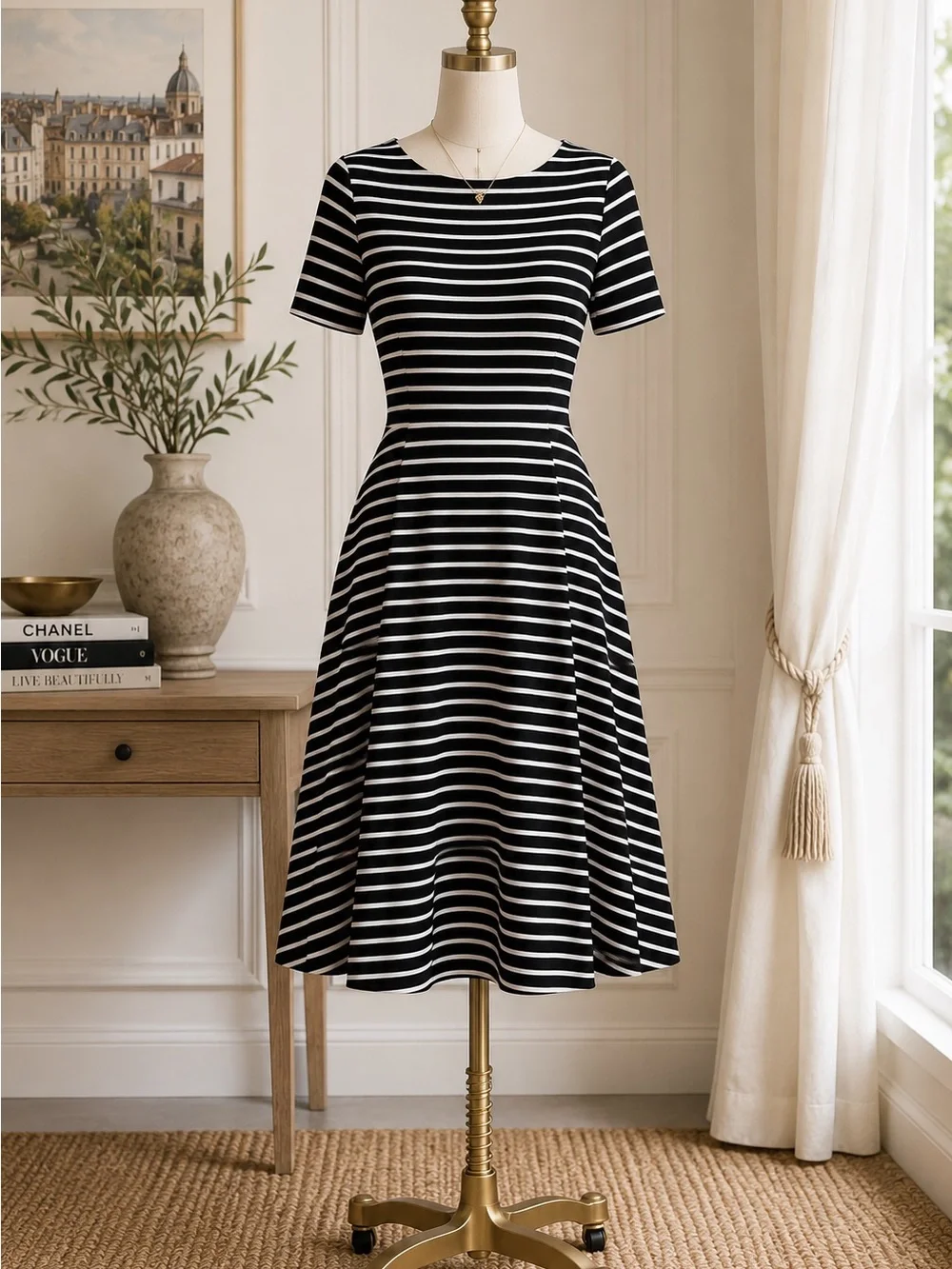 Lauren Ralph Lauren Striped Midi Dress Fit Flare Black White Quiet Luxury - Picture 2 of 9